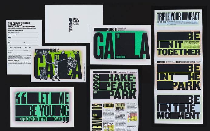 Posters, signage, website, t-shirts, tote bags and newspaper advertising by Pentagram's Paula Scher for The Public Theatre's Shakespeare in the Park 2018