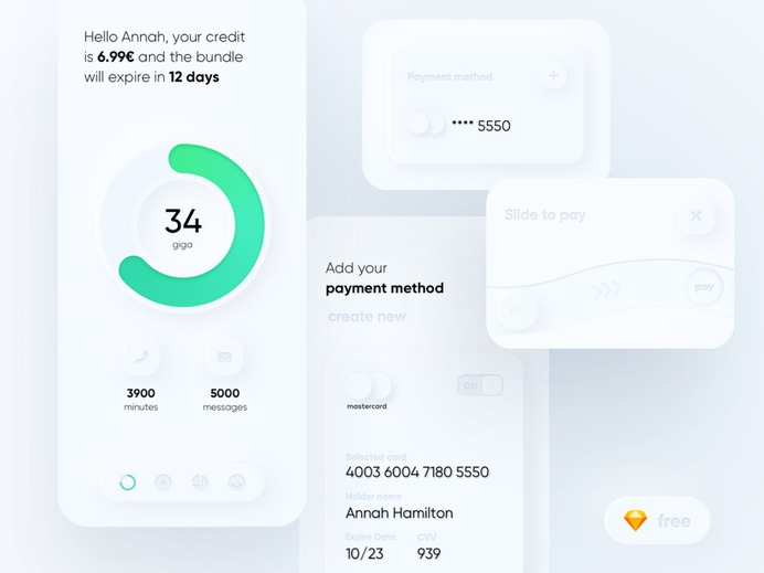 Skeuomorphism / Neumorphism UI -TELCO SKEUMORPH APP (FREE KIT) BY LORENZO PERNICIARO