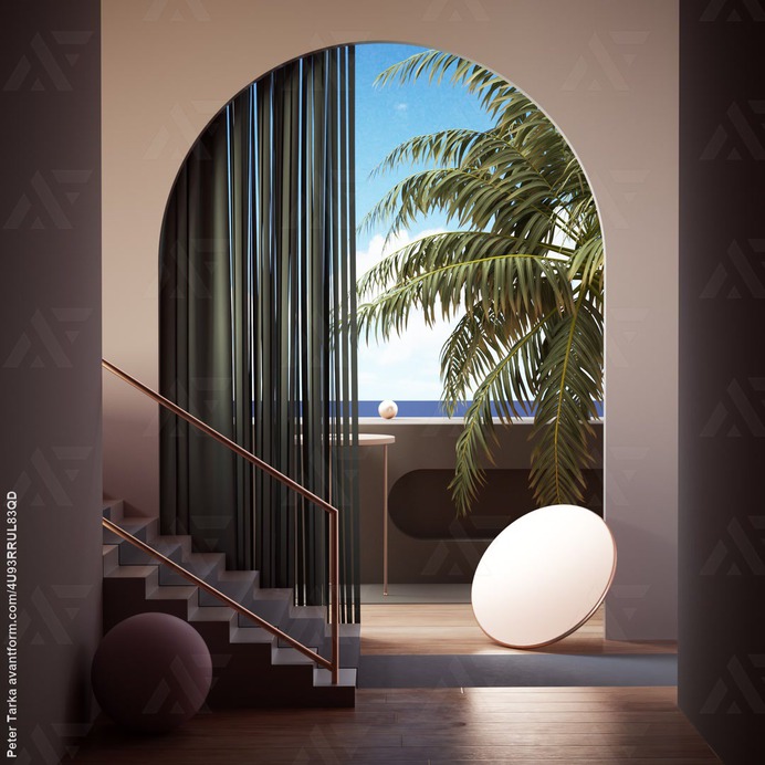 ... room stairs window door white grey ball green tree blue petertarka c4d cinema4d 3d render set setdesign beach summer palm