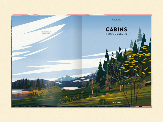 CABINS - cruschiform #page #design #graphic #book #landscape #illustration #nature #picturesque #double #cabins #mountains #magazine #beauty