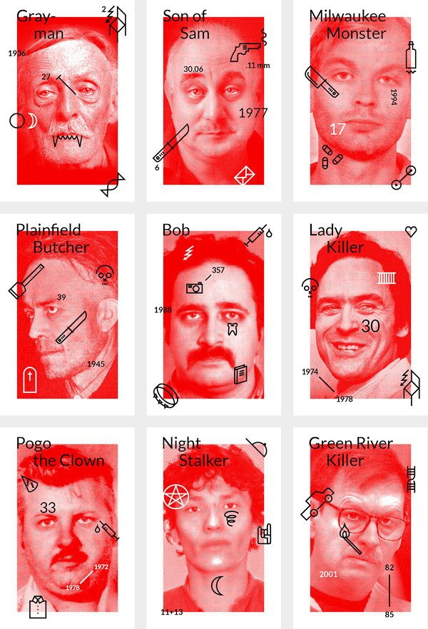 Inspectueurs - Tristan Bagot #red #stamps #design #graphic #art #serial #killers #typography