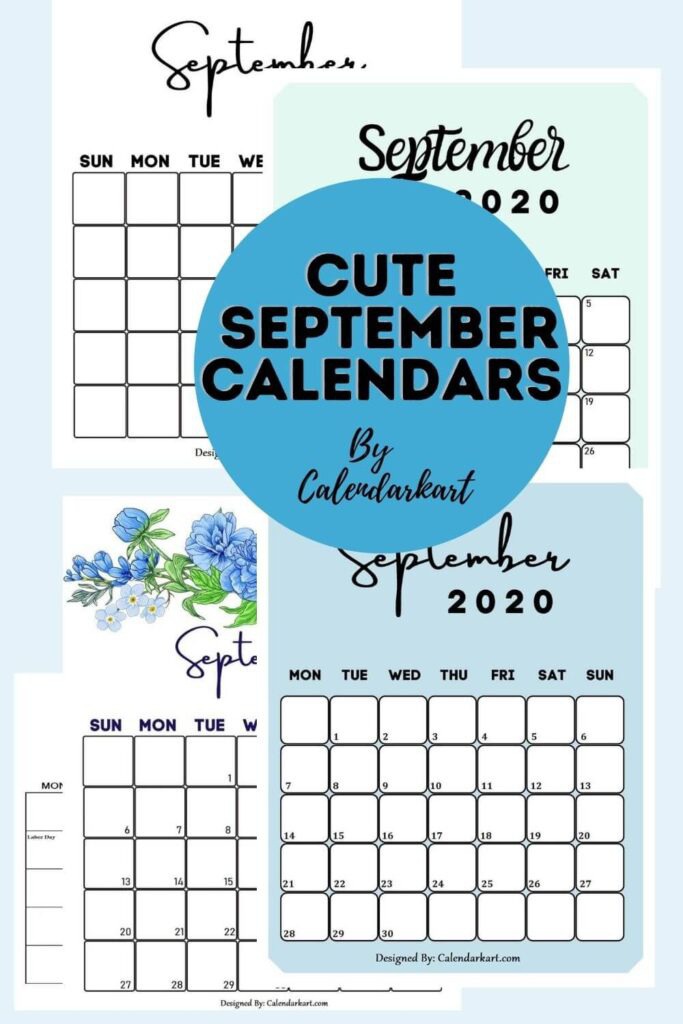 Cute and free printable september 2020 calendar long vertical collage image