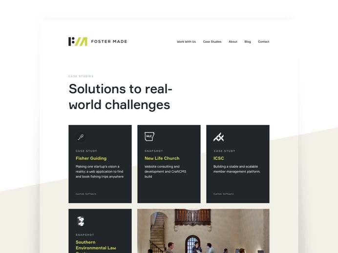 Foster Made Case Studies grid card focus lab foster made case studies case study landing page ux ui