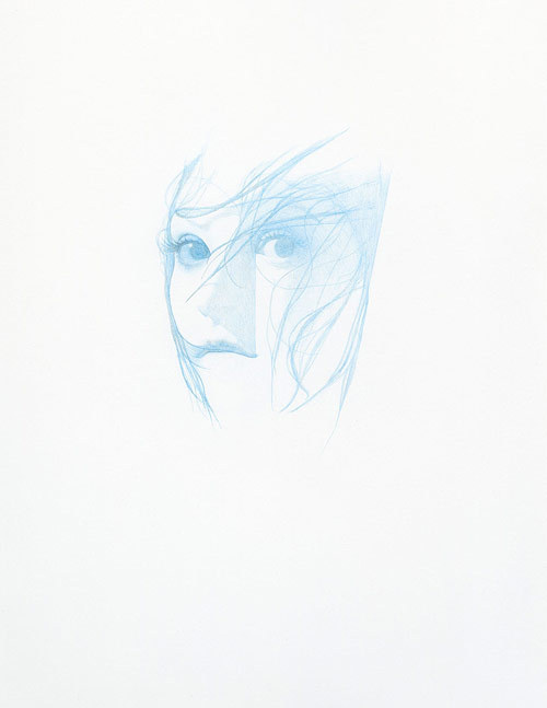 Artist Steve Kim #stare #white #girl #eyes #minimalism #hair #illustration #blue #drawing