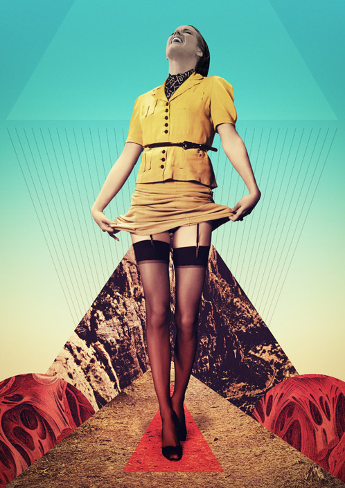 Julien Pacaud / The Tulip / colagene.com #woman #montage #photo #legs #geometric #illustration #dress #vintage #laugh #surrealistic