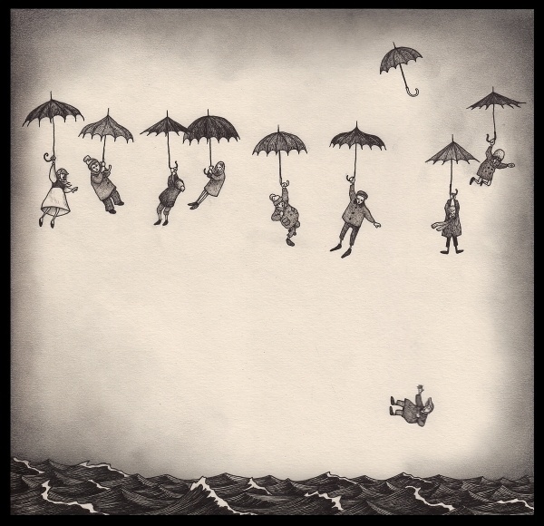 breeze01.jpg (1200×1160) #ocean #umbrellas #falling #people #floating #illustration #sea