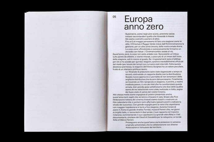 Arena Borghesi Cinema Book - Mindsparkle Mag Matteo Vandelli designed the Arena Borghesi Cinema Book. The 2018 edition of Arena Borghesi Cinema was focused on european comedy, showing a selection of movies directed or produced in Europe. #logo #packaging #identity #branding #design #color #photography #graphic #design #gallery #blog #project #mindsparkle #mag #beautiful #portfolio #designer