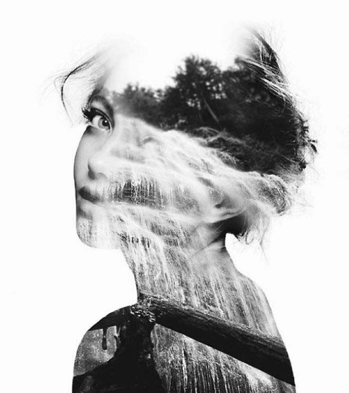double exposure, photography, b&w, black and white, portrait, demale