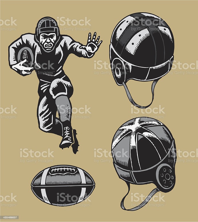 Football Player and Helmets - American Retro Pen and ink illustrations of American Football Player, Helmets and Football of Yesteryear. Color changes a snap. Check out my "American Football Vector" light box for more. Retro Style stock vector