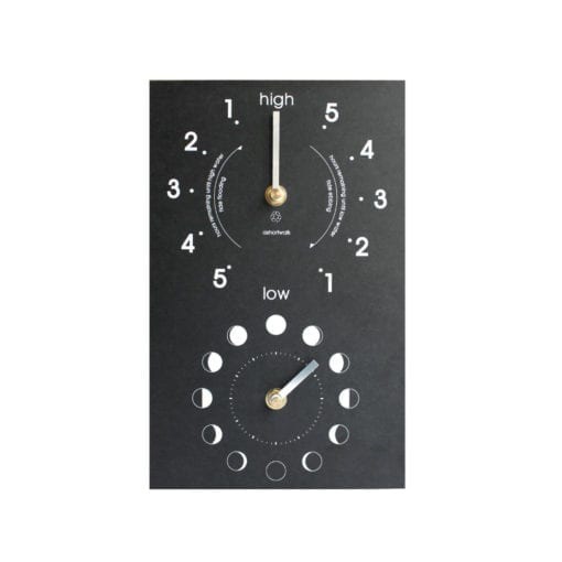 Recycled Moon & Tide Clock The Recycled Moon & Tide Clock is a smart and innovative clock that conveniently tracks the tide and the lunar cycle. It is great for predicting harbour tide heights.