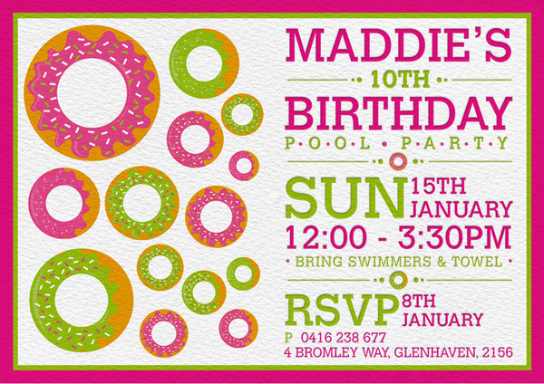 Donuts Pool Party Mila #10 #pink #rsvp #letter #illustration #press #children #milani #green #white #girl #design #fool #party #invitation #kid #letterpress #fun #invite #sun #mila #tess #graphic #donut