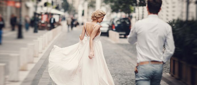 A line wedding dresses are timeless and stylish, also have many settings as different necklines, fabrics, sleeves and trains. It looks chic and modern if add beading and lace.