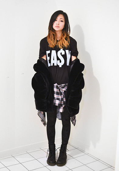 Choies Faux Fur Jacket, Ea$Y Men's T Shirt, Romwe Velvet Leggings, 2020 Ave Plaid Shirt #fashion #photography #woman