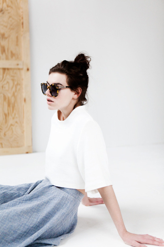fashion, sunglasses, white blouse, grey trousers, bed, girl