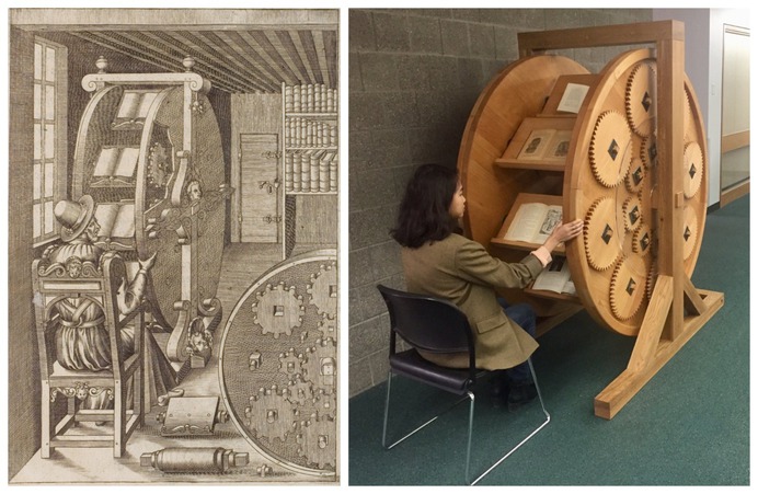 An illustration from the Ramelli's 1588 book Le diverse et artificiose machine (left). The finished, 600-pound bookwheel, complete with books (right).