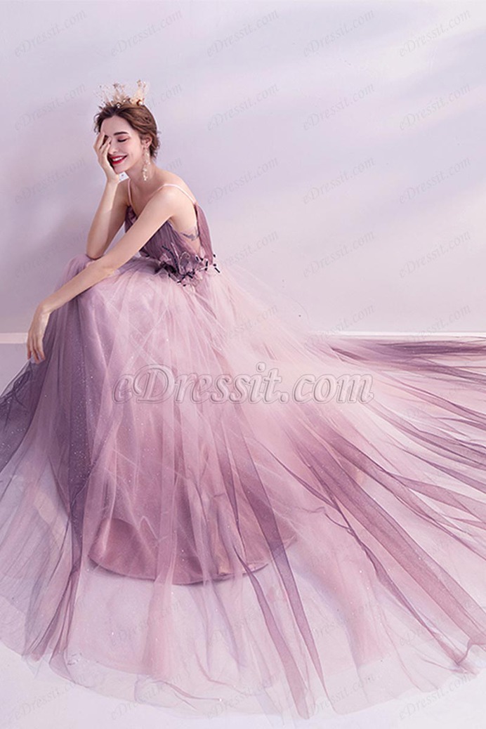 eDressit Spaghetti V-Cut Purple Shiny tulle Evening Ball Dress (36225606)