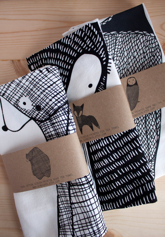 Fox Tea Towel, Printed with Eco Friendly Inks #white #owl #fox #towel #graphic #black #kitchen #bear