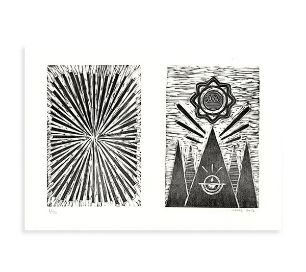 Image of Sunburst #woodcut #abstract #white #printmaking #print #diptych #graphic #black #landscape #and
