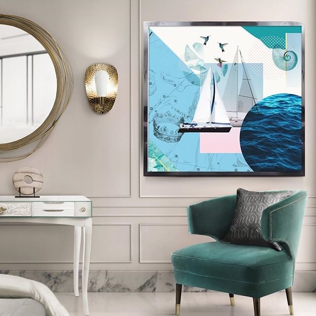 luxury interior, collages, home decor painting, seaview, yacht resort, armchair, pastel colours, blue, colibri