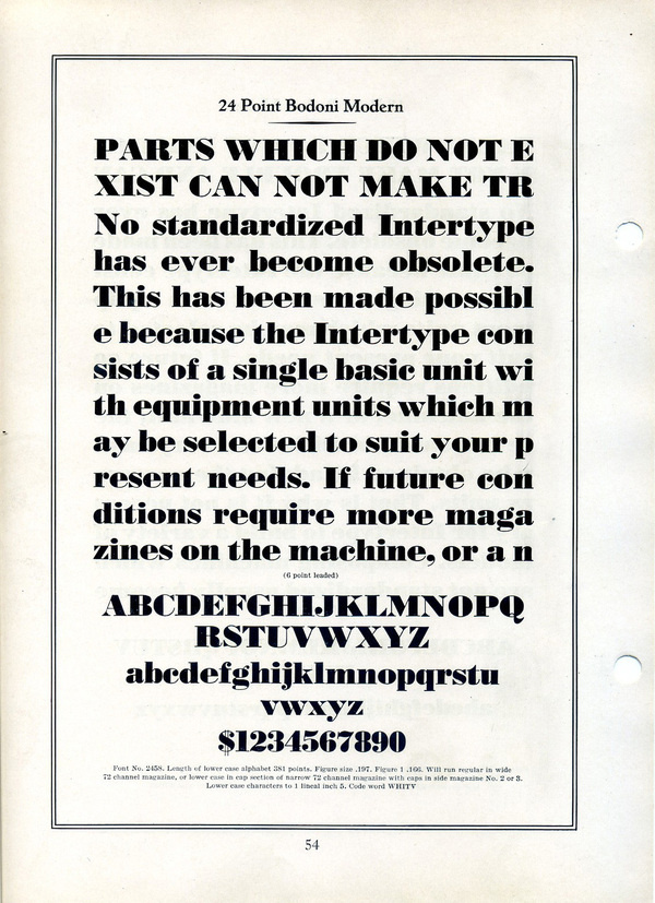 Bodoni Modern was Intertype's knockoff of ATF Ultra Bodoni. #type #specimen #typography