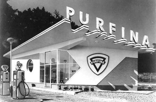 campsite | purfina petrol station #purfina #branding #petrol #building #architecture #vintage #gas #oil #station