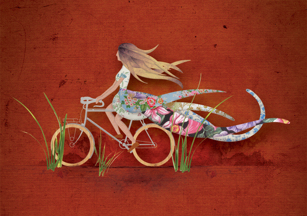 Jennifer Hillhouse #red #bicycle #girl #montage #photo #illustration #collage