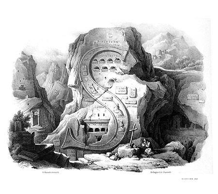 ANTONIO BASOLI - ALFABETO PITTORICO (PICTORIAL ALPHABET) - 1839 :: Basolis Alphabet via www.mr-cup.com #lettering #white #mountain #design #black #letter #illustration #alphabet #vintage #art #and #type #typography