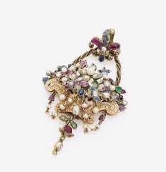 PENDANT IN THE SHAPE OF A FLOWER BASKET WITH DIAMONDS, RUBIES, SAPPHIRES, EMERALDS AND