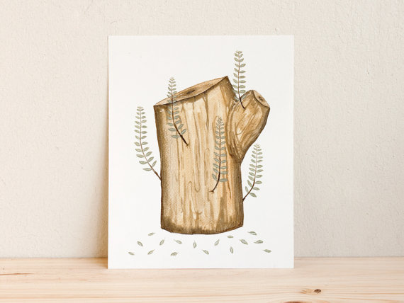 sprouts on a old trunk watercolor painting nature tree branches #illustration #etsy
