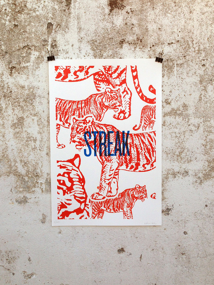 A Streak of Tigers #red #print #kitsch #retro #screen #illustration #vintage #etching #animals #silk #poster #tiger