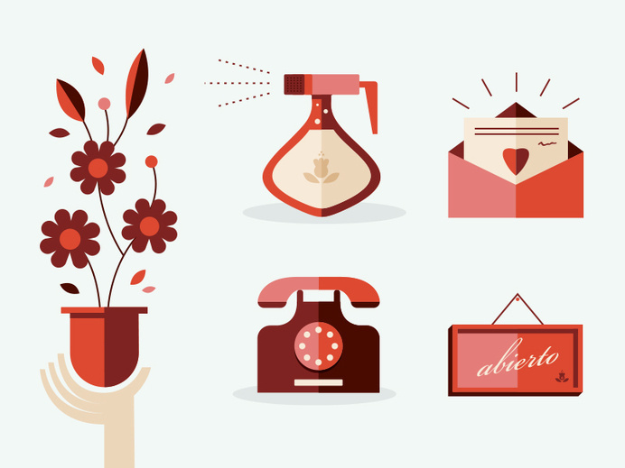 Flower shop items #water #icon #sign #illustration #envelope #flower #telephone #flowers #sprayer