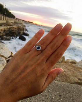 Marvelous blue stone, diamond studded engagement ring