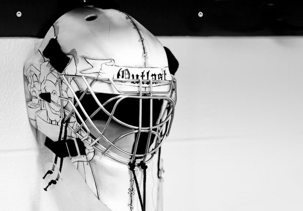 Custom painted "Outlast" goalie helmet. #drama #acrylic #outlast #helmet #custom #artwork #paint #photography #mask #cage #painting #art #goalie #hockey