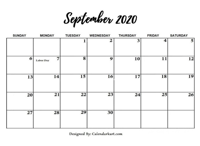 September 2020 Calendar with Holidays in US Horizontal Layout