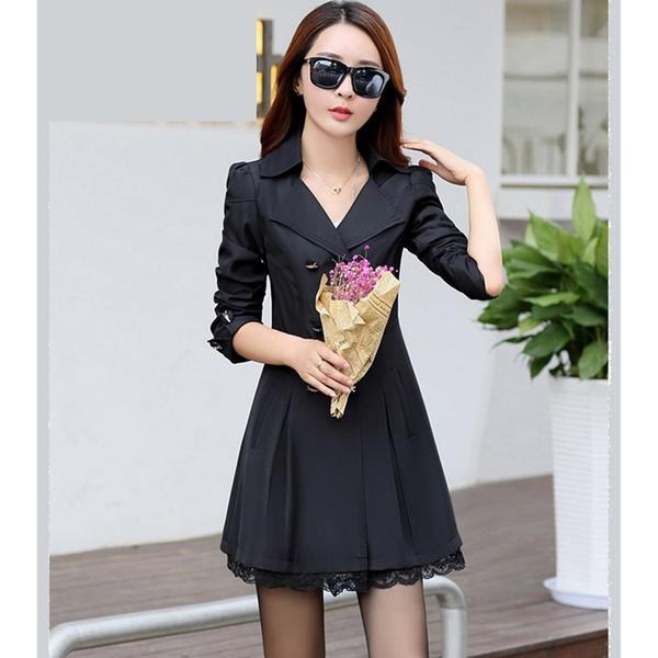 Fashion Spring Autumn Outerwear Female Double breasted lace elegant women's jacket Slim long Windbreaker Coats