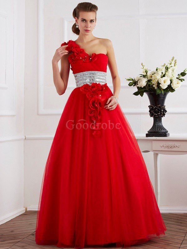 Robe de quinceanera longue de mode de bal avec perle d'épaule asymétrique avec fleurs