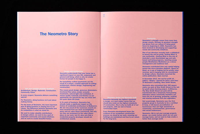 Print with pink paper detail designed by Studio Hi Ho for Neometro and their property development Nine Smith Street #pink #book #type #layout #editorial #typography