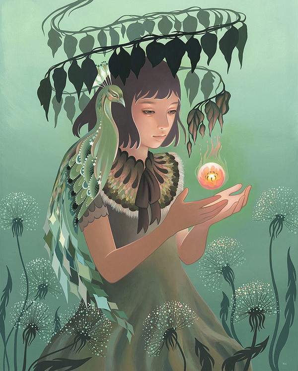 Preview: Amy Sol's "Incantation" at CHG Circa | Hi Fructose Magazine #sol #bird #portrait #peacock #amy #green