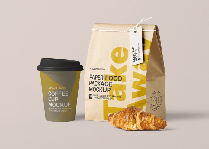 Customize the take away food packages. Place your own cafe brand design, move items around and change the background color. Create your own take-away package mockup scene. #mockup #package #packaging #logo #branding #cafe #takeaway #kraft #coffee #typography