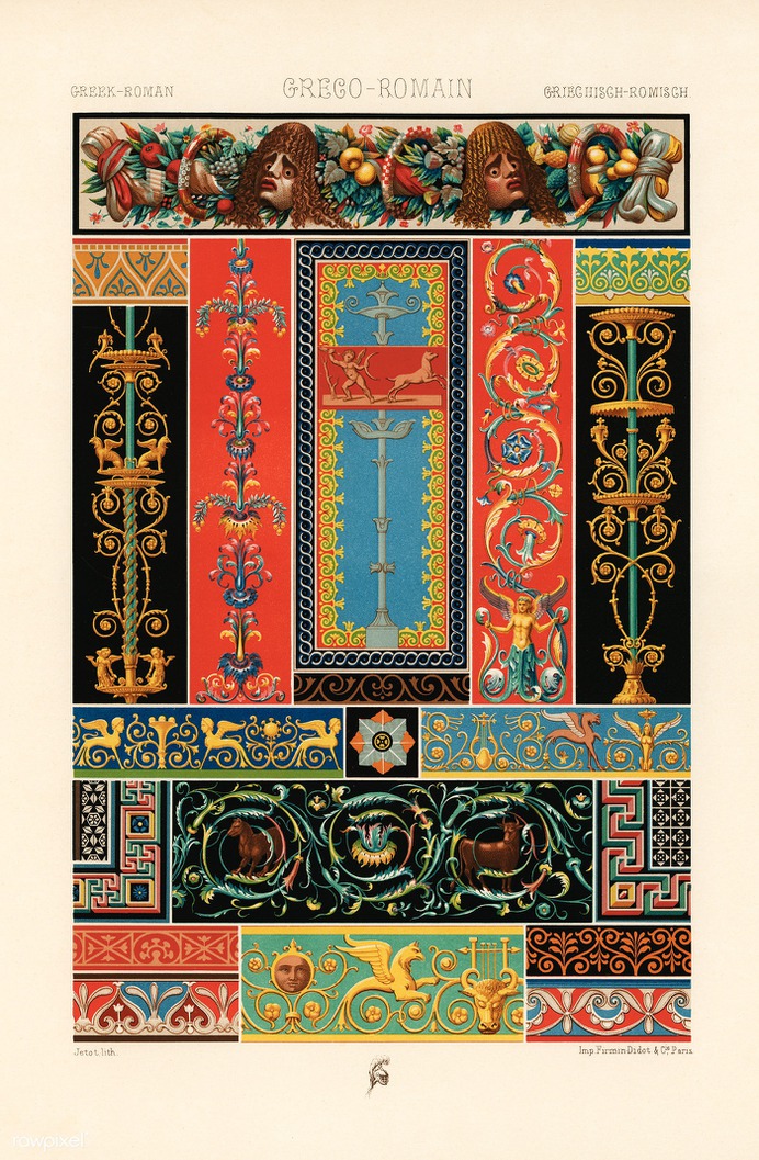 Greek-Roman pattern from L'ornement Polychrome (1888) by Albert Racinet (1825–1893). Digitally enhanced from our...