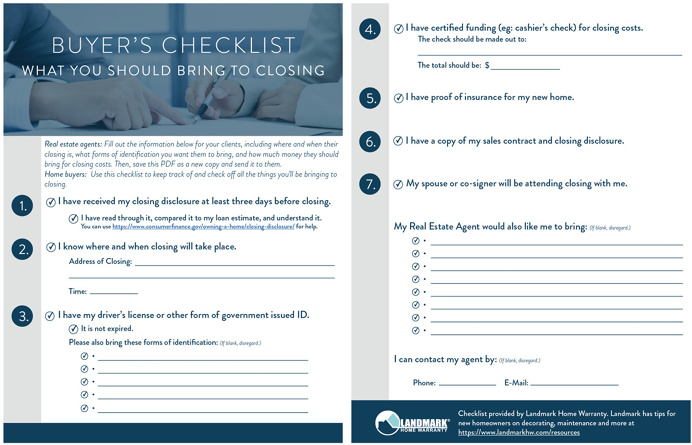 A buyers checklist on what to bring to closing day for their new home.