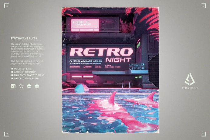 Vaporwave 1980s Pool Party Flyer Template
