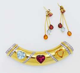 Pendant with color stones, heart-cut and Pair of earrings