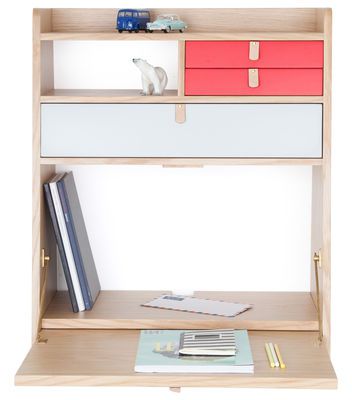 Mobilier - Mobilier Kids - Secrétaire mural Gaston / L 60 x H 72 cm - Hartô - Gris clair & sorbet fraise / Chêne - Cuir, MDF plaqué chêne