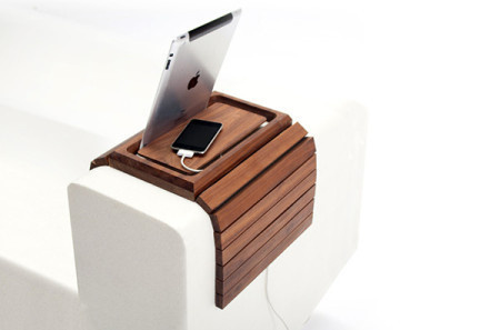 With this platform, you don't have to hold your devices up while sitting on the sofa. Charging wires are hidden out of the way, too. #product #sofa #industrial #design
