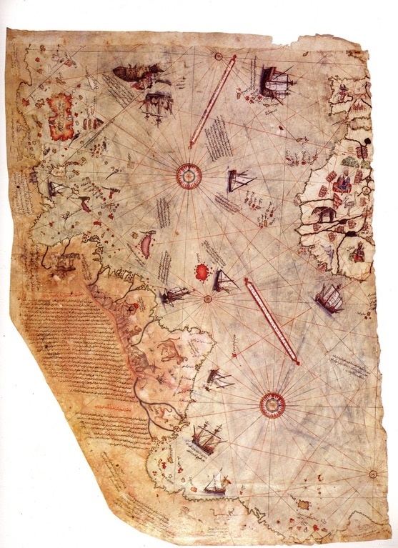 The "Inexplicable Map" of Piri Reis, 1513. The map shows the western coasts of North Africa, the coast of Brazil and (very oddly) an ice-fre