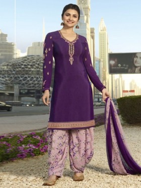 Bollywood Diva Prachi Desai Purple Crepe Designer Straight Cut Suit Online at Best Price.
