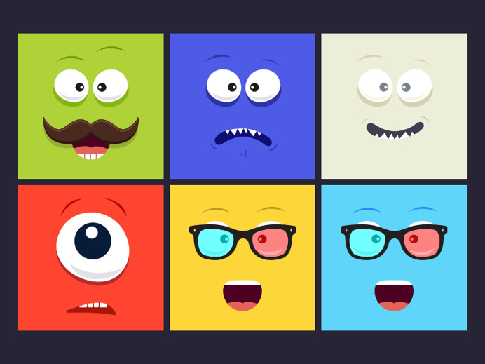 Here's a colourful set of smiling illustration faces made for you to use as avatars.