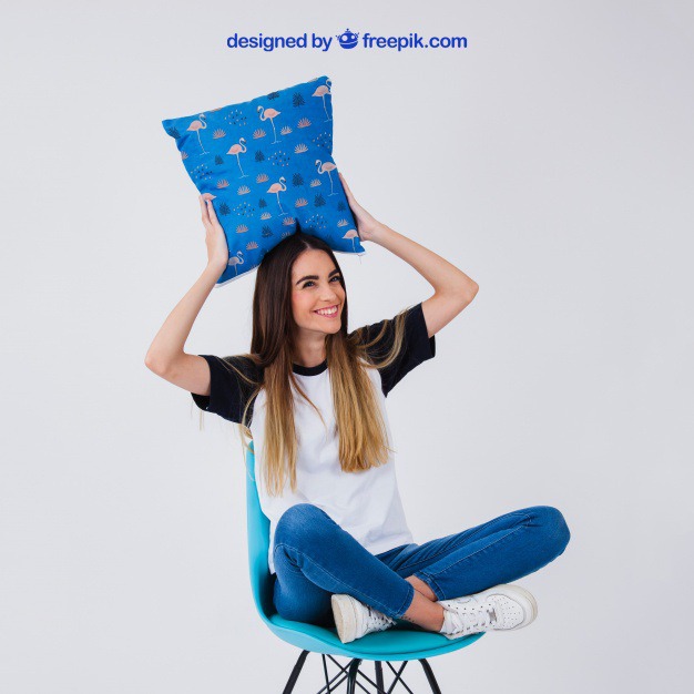 Woman on chair holding cushion Free Psd. See more inspiration related to Mockup, Template, Woman, Fashion, Girl, T shirt, Smile, Happy, Shirt, Mock up, Chair, Fashion girl, Female, Young, Good, Up, Holding, Stylish, Looking, Cushion, Mock and Good looking on Freepik.