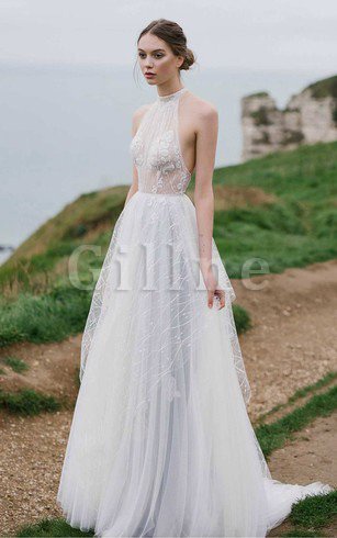 Abito da Sposa A-Line Lupetto Spazzola Treno in Tulle Seducente